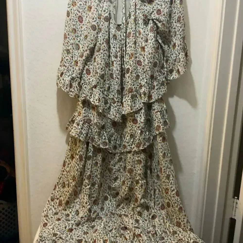 TORY BURCH Ivory Paisley Printed Ruffle Maxi Long Silk Dress 3/4 Sleeves NWOT